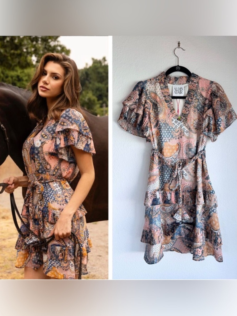 Alden Pink and Blue Paisley Ruffle Wrap Mini Dress